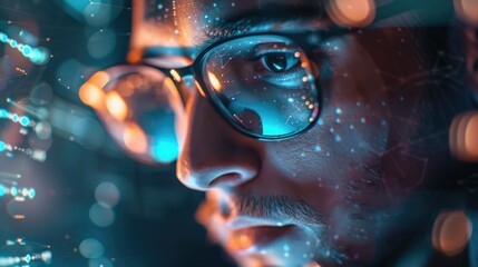 A man with glasses is looking at a computer screen. The image is a reflection of the man's face in the computer screen