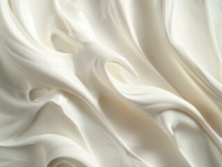A white, creamy substance that appears to be a type of frosting or whipped cream. The texture of the substance is smooth and flowing, giving it a sense of movement and fluidity