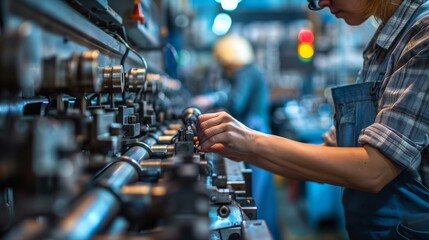 Factory worker's hands ensure smooth production line operation, Created with Generative AI.