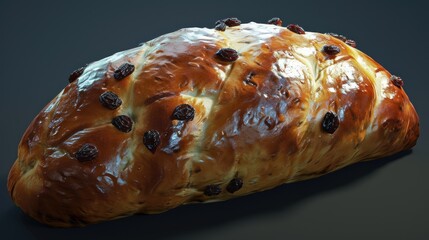 A long, brown pastry with raisins on top. The pastry is sitting on a dark surface