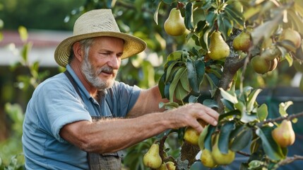 Professional male farmer in straw hat gathering mature pears from tree in orchard during summer