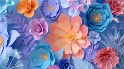 A colorful collage of paper flowers and leaves. The flowers are in various shades of pink, blue, and yellow, and the leaves are in shades of green and purple. Scene is cheerful and vibrant
