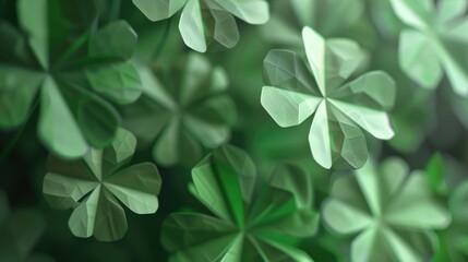 A close up of green leaves with a green background. The leaves are shaped like a clover and are arranged in a way that creates a sense of depth and movement. Scene is one of growth and renewal