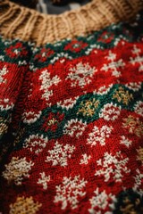 A red and green sweater with white snowflakes on it. The sweater is knitted and has a festive, cozy feel to it