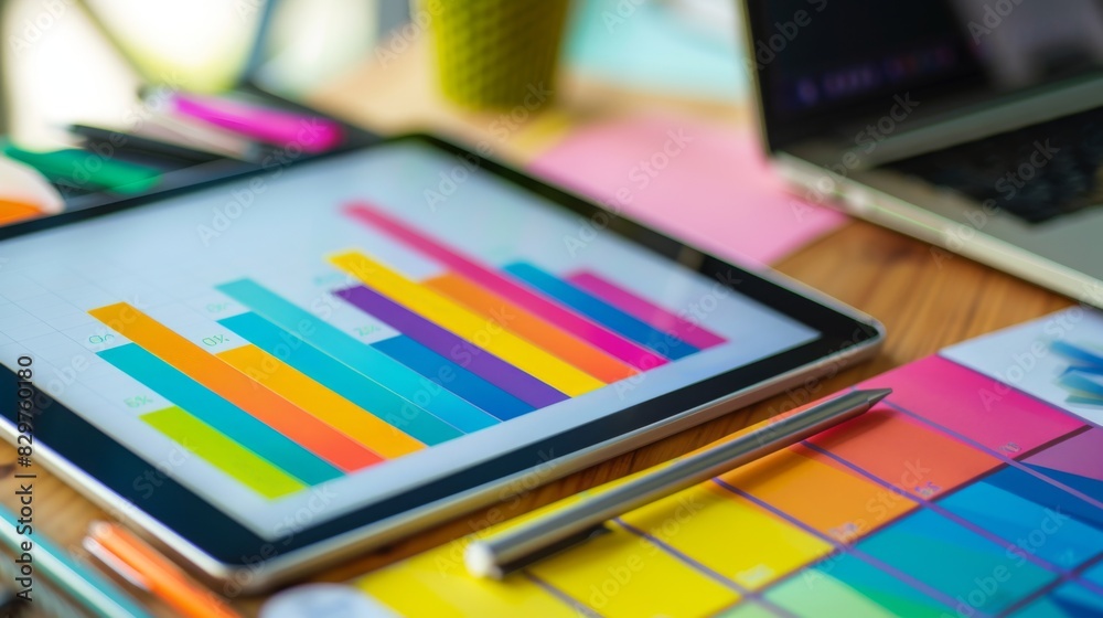 Aufkleber a multi-colored bar graph displayed on a tablet, surrounded by office supplies on a desk.