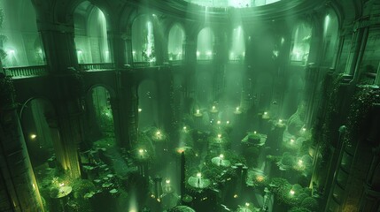 Mysterious green-lit hall with arches and candles