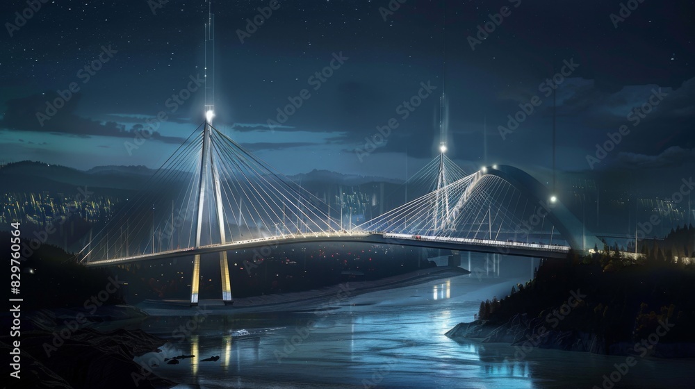 Aufkleber a night scene of a cable-stayed bridge over a river, with its illuminated cables forming a striking 
