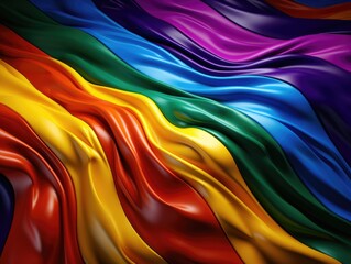 A colorful flag with rainbow stripes. The flag is made of a shiny material and has a shiny, reflective surface