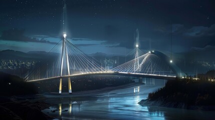 Obraz premium A night scene of a cable-stayed bridge over a river, with its illuminated cables forming a striking pattern against the dark sky.