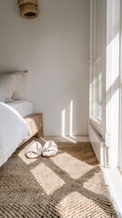 bedroom with a soothing beige and white color palette, highlighting a pair of slippers resting on a plush carpet in front of a neatly made bed, epitomizing simplicity in home decor.