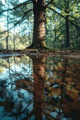 A tree trunk is reflected in a body of water. The water is calm and still, and the reflection of the tree is clear and sharp. The scene is peaceful and serene, with the tree