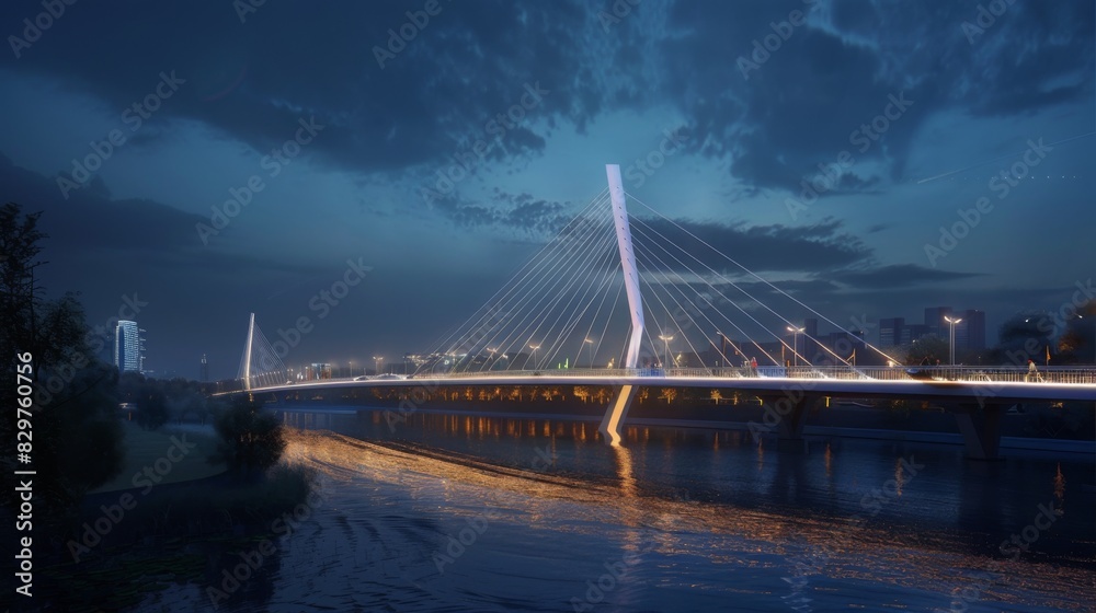 Aufkleber a night scene of a cable-stayed bridge over a river, with its illuminated cables forming a striking 