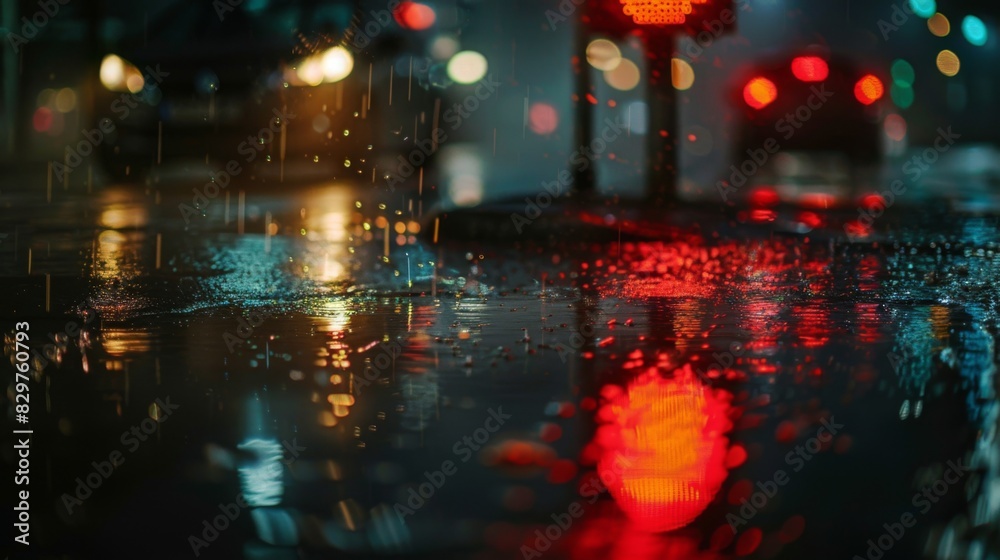 Poster a night scene with a traffic light showing red, and the reflections of the lights on wet pavement af