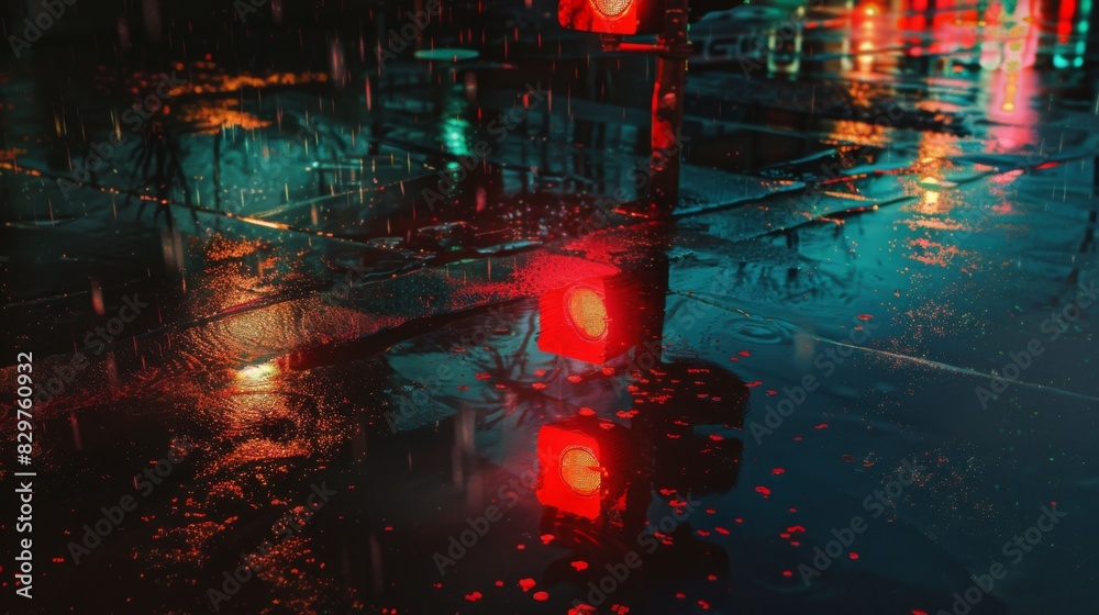 Poster a night scene with a traffic light showing red, and the reflections of the lights on wet pavement af