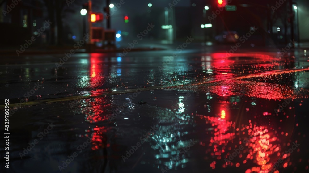 Poster a night scene with a traffic light showing red, and the reflections of the lights on wet pavement af