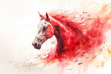 A watercolor painting of a fiery red horse with a vibrant mane, Chinese horoscope year 2026