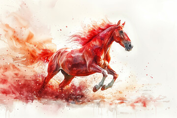 A painting of a fire horse, colored red, running energetically in the wind, Chinese horoscope year 2026