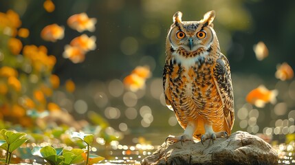 A majestic owl perched on a rock, surrounded by a shimmering pond and playful fish.