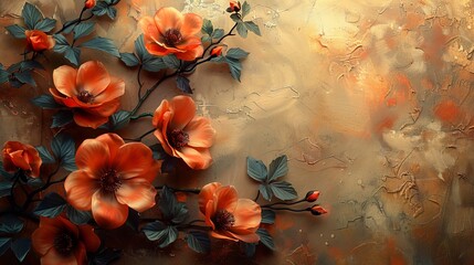 Beautiful orange flowers with blue leaves painted on a textured golden background, showing fine art and detail