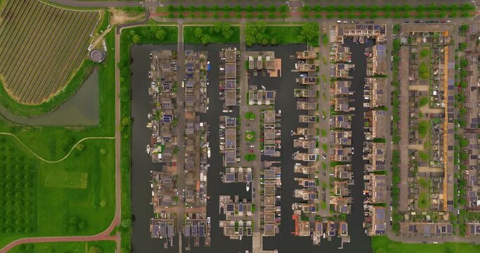 Aerial view of modern suburban area Noorderplassen in Almere, The Netherlands, featuring artificial islands, located on Flevoland polder