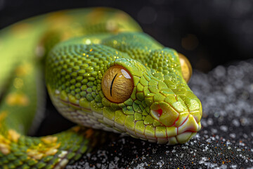 Fototapeta premium A green snake up close on a rocky surface