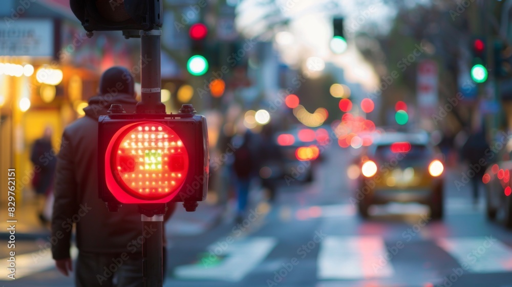 Poster a pedestrian waiting at a crosswalk with the pedestrian signal showing red, with shops and traffic i
