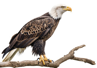 Obraz premium Majestic Bald Eagle Perched on Tree Branch in White Background