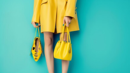 
In the image, female hands delicately hold stylish women's bags and shoes against a vibrant blue background. 