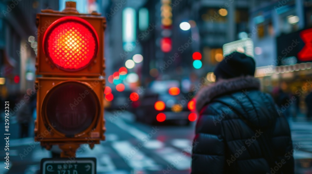 Poster a pedestrian waiting at a crosswalk with the pedestrian signal showing red, with shops and traffic i
