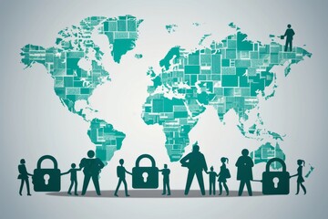Green-themed world map with people and locks, symbolizing global cybersecurity and community protection in a vector illustration.