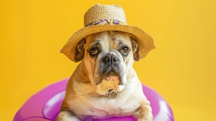 Canine Fashion Statement: Dog Sporting a Straw Hat Perched on a Vibrant Purple Ball