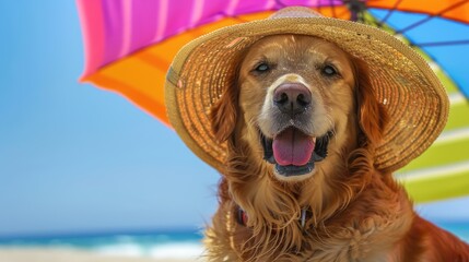 Sun-kissed Pup: Dog in Straw Hat Enjoying Beach Breeze