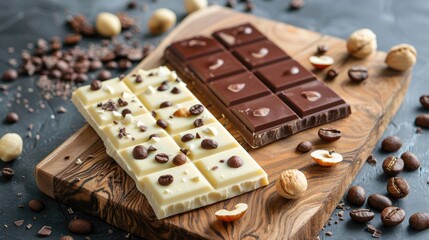 Two bars of white and milk chocolate with hazelnut and coffee beans on a wooden board