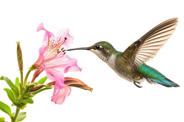 Fototapeta premium Hummingbird Hovering Near Pink Flower on White Background