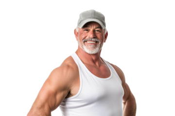 Muscular Elderly Man in White Tank Top and Cap Smiling on White Background