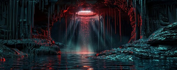 A secluded waterfall hidden in a cave, with rays of light streaming through a crevice onto the shimmering water