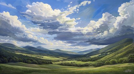 A picturesque countryside scene with rolling hills and valleys, framed by a sky filled with billowing cumulus clouds.