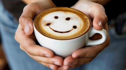 Close up of woman s hands holding coffee cup with happy face drawing, top view angle - Powered by Adobe