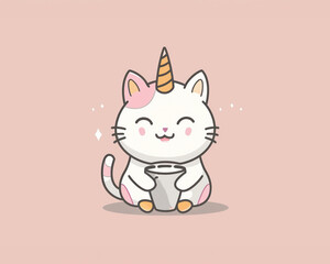 Obraz premium Cat unicorn or caticorn icon illustration. Cute pet designed for a greeting card or an invitation