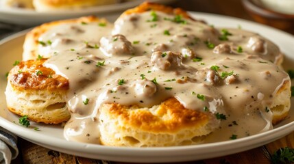 A plate of Southern-style biscuits and gravy with fluffy biscuits smothered in creamy sausage gravy, served for breakfast.