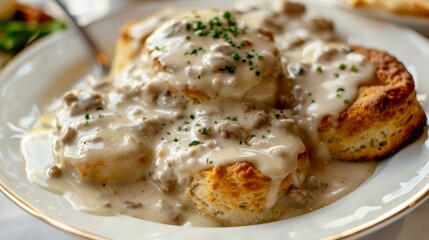 A plate of Southern-style biscuits and gravy with fluffy biscuits smothered in creamy sausage gravy, served for breakfast.