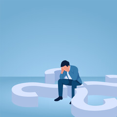 A man holding his head sits on a question mark, illustration for uncertainty.