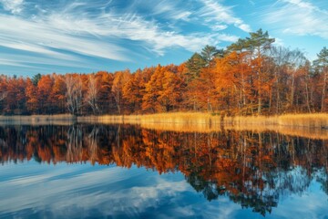 A lake in the autumn forest, reflecting in its surface crimson and golden trees under the blue sky."