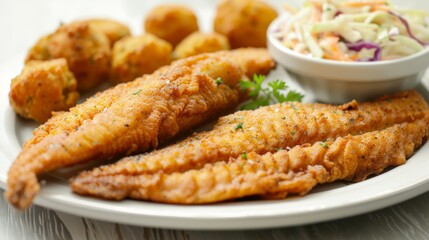 A plate of Southern-style fried catfish with hush puppies, coleslaw, and tartar sauce, a delicious seafood meal.