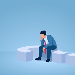 A man propping his chin sits on a question mark, an illustration for uncertainty.