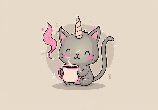 Cat unicorn or caticorn icon illustration. Cute pet designed for a greeting card or an invitation