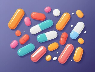 Simple illustration of different pills and capsules. Medication on the purple background