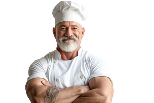 Muscular Bald Middle-Aged Male Chef in White Uniform on White Background