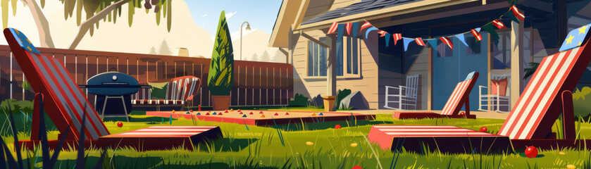 Cornhole game in a suburban backyard, American flag bunting, barbecue grill, family gathering, realistic style, warm and inviting colors