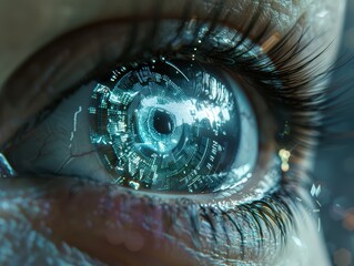 Eye with a nano-tech contact lens, enhancing vision and offering digital connectivity. Features magnification, clarity enhancement, and real-time data streaming.